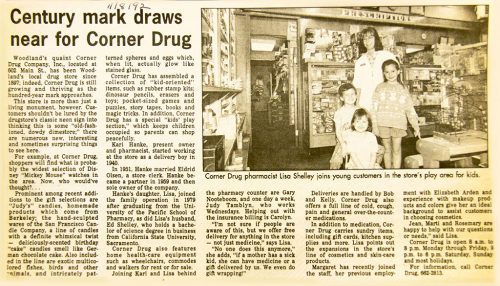 an old newspaper clipping with announcements about Corner Drug Co