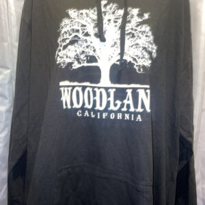 A black hooded pullover sweatshirt with a white Woodland logo featuring a silhouette of a large tree