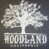 a closeup of a white Woodland logo featuring a silhouette of a large tree