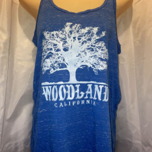 a blue tanktop with a white Woodland logo featuring a silhouette of a large tree